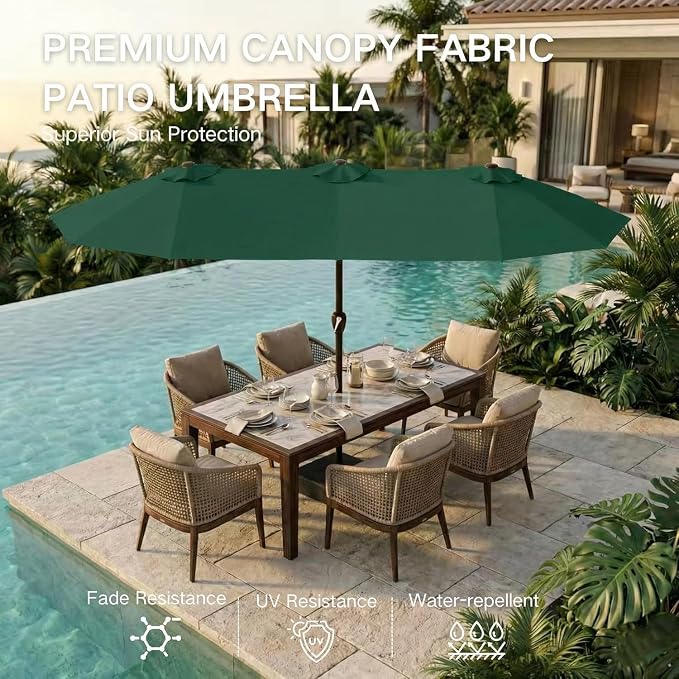Kingdura 15ft Large Patio Umbrella with Base Included, Double-Sided Rectangle Outdoor Table Umbrella with 12 Reinforced Ribs, Crank Lift for Market Pool Deck Backyard, Dark green