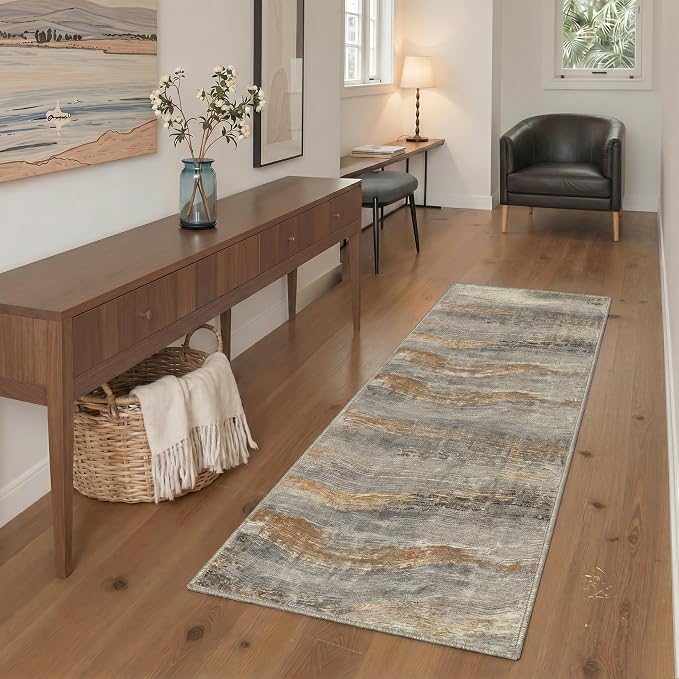 BEIMO 2x5 Non Slip Runner Rugs for Hallway, Wave Abstract Bronze Gray | Soft Machine Washable Modern Runners,Streaks Pattern Indoor Marble Carpet for Kitchen Laundry Room Bedroom Bathroom