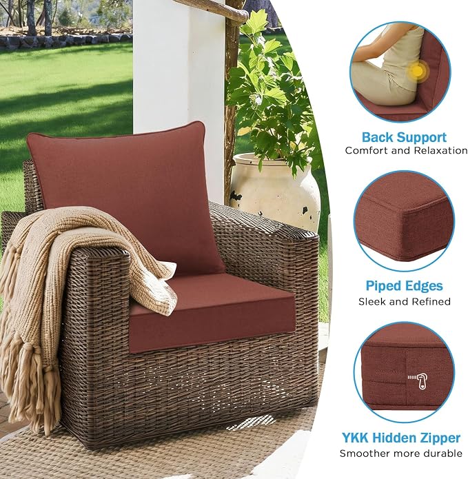Sunbrella Outdoor Deep Seat & Back Cushion Set (2-Pack), 24 x 24 Inch Water Repellent and Fade Resistant Patio Furniture with Removable Cover for Outside Sofa Couch, Canvas Henna