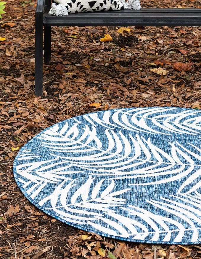 Unique Loom Outdoor Botanical Collection Area Rug - Palm (10' 8" Round, Blue/ Navy Blue)