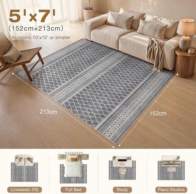 cotiled Boho 5x7 Area Rugs for Living Room: Soft Moroccan Washable Rug | Solve Modern Neutral Trendy Home Decor - Stain Resistan Indoor Carpet for Bedroom Dining Room Charcoal Grey