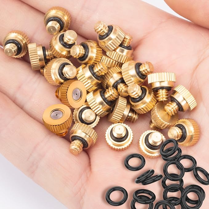 20 Pack Brass Misting Nozzles with 20Pc Brass Misting Nozzles O Ring, Heavy Duty Misting Nozzle 0.012" Orifice (0.3 mm)10/24 UNC for Outdoor Cooling System Dust Control