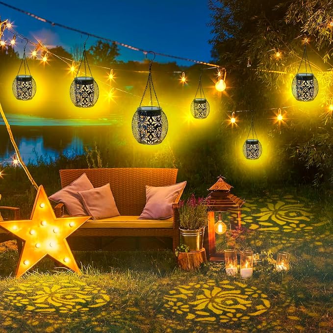 Solar Lanterns Outdoor Waterproof, 4 Pack Hanging Solar Lights Outside Garden Decor, Gifts for Women Mom Grandma Metal Decorative Lantern for Patio Yard Porch Balcony Backyard Lawn