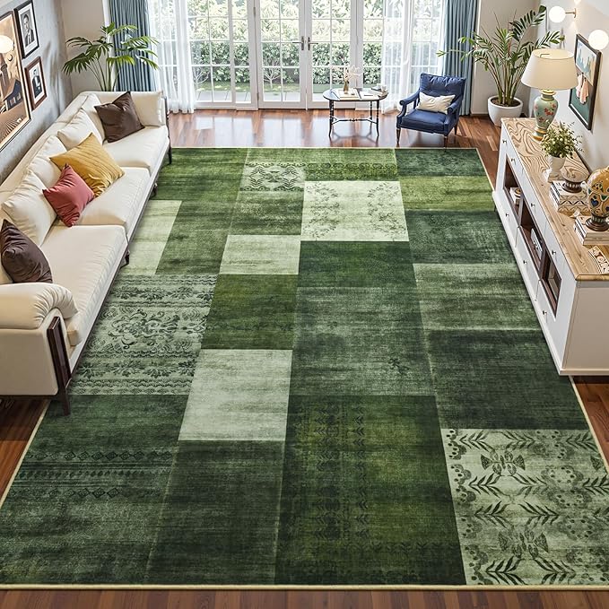 Washable Area Rugs 6x9 for Living Room, Large Modern Geometric Green Soft Patchwork Carpet, Non-Slip Stain Resistant Throw Rug for Bedroom Dining Room Office Home Decor