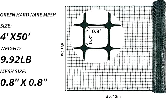 PotatoLife Plastic Hardware Mesh Netting, Garden Netting, Temporary Fence, Tree Guards, Safety Net for Balcony, Deck, Stair Railing, Animal Barrier, Poultry, Deer, with 50 Zip Ties, 4' x 50', Green