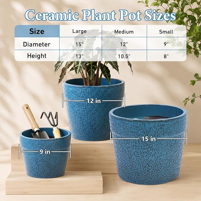 Ceramic Planters Set of 3, 15/12/9 Inch Indoor & Outdoor Large Plant Pots with Drainage Hole, Handmade Speckled Glaze Decorative Flower Pots for Indoor Plants, Patio & Garden, Antique Blue