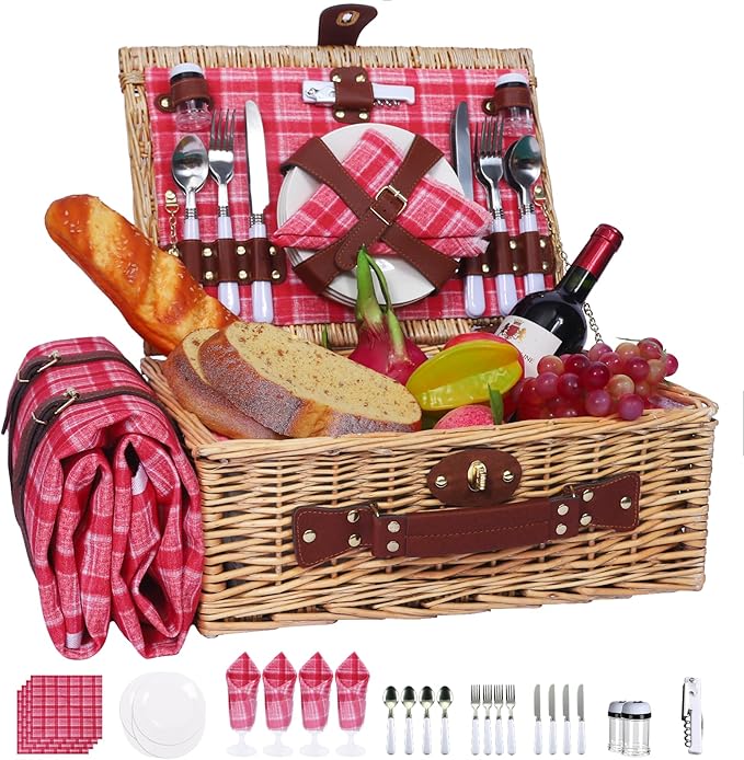 Picnic Baskets Wicker Willow Picnic Set for 4 Persons with Insulated Cooler Bag and Waterproof Pink Plaid Picnic Blanket Gift for Christmas Thanksgiving Wedding Birthday Camp Outdoor Beach Travel