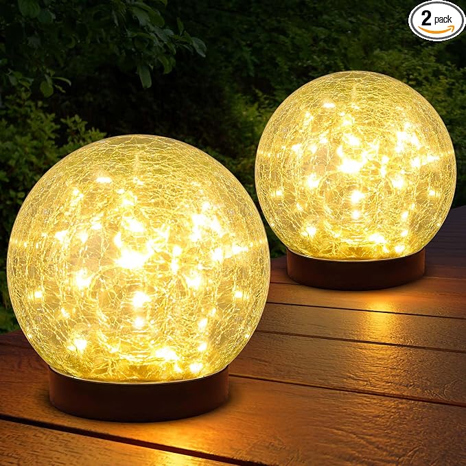 ASOMST 2-Pack Garden Solar Lights Outdoor, Cracked Glass Ball Light Waterproof, Decorative Solar Globe Lights Warm White for Yard Pathway Patio Lawn