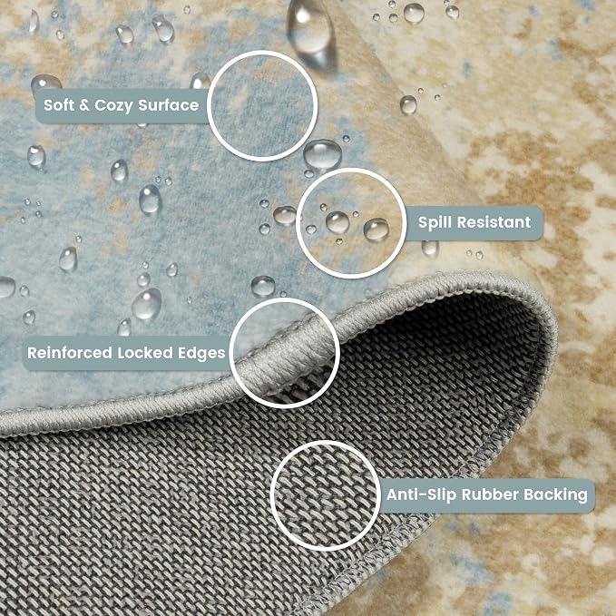 8x10 Rugs for Living Room - Modern Abstract Washable Rug, Ultra Soft Non Slip Low Pile Large Rugs, Floor Carpet for Bedroom Dining Room Office Laundry Nursery Home（Blue&Beige）