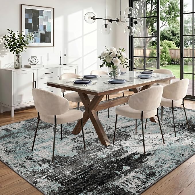 RELEANY Washable 9'x12' Abstract Area Rug for Living Room Teal Black | Carpet for Bedroom, Kitchen, Office, Hallway and Entryway, Printed Pattern, Non‑Slip, Soft, Stain‑Resistant, Easy to Clean