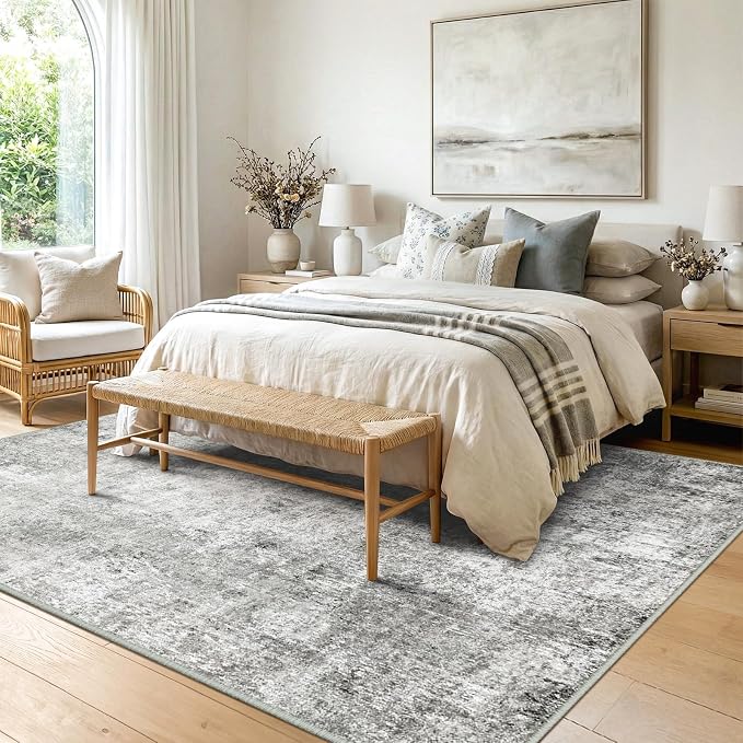 RELEANY Washable 5'x7' Abstract Area Rug for Living Room Gray White | Carpet for Bedroom, Kitchen, Office, Hallway and Entryway, Printed Pattern, Non‑Slip, Soft, Stain‑Resistant, Easy to Clean