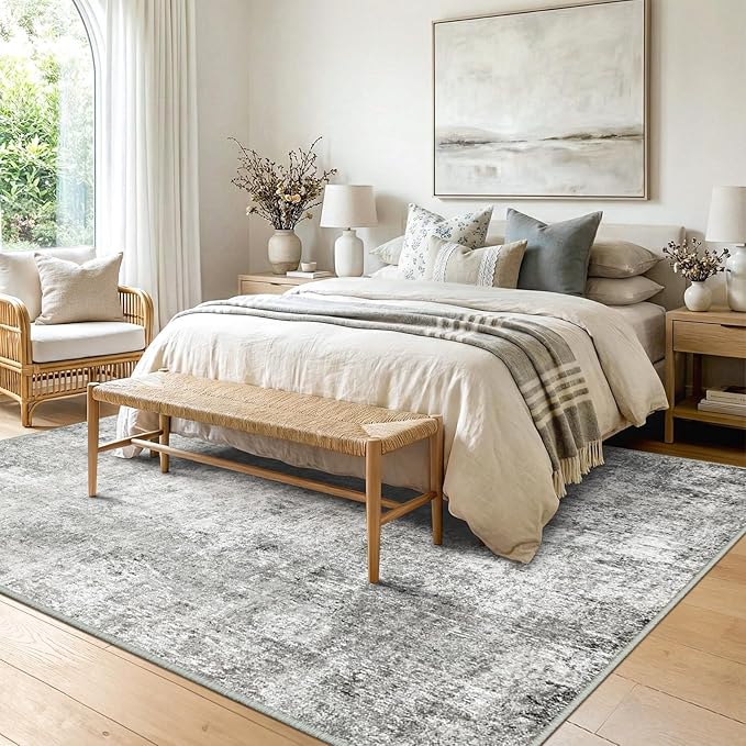 RELEANY Washable 6'x9' Abstract Area Rug for Living Room Gray White | Carpet for Bedroom, Kitchen, Office, Hallway and Entryway, Printed Pattern, Non‑Slip, Soft, Stain‑Resistant, Easy to Clean