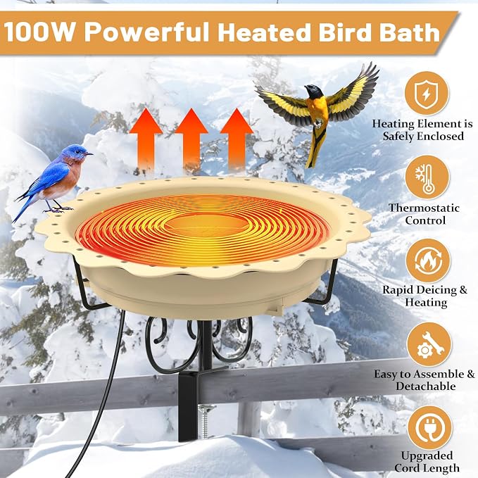 Heated Bird Baths for Outdoors, 100W Heated Bird Bath for Deck Railing, Heated Birdbath with Thermostat Control, Heated Bird Bath for Outside Winter Garden Patio Yard (Yellow)