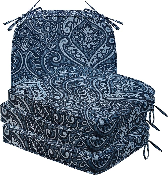 Unimatta Round Corner Seat Cushions, 17" x 16" x 2", Set of 4, Indoor Outdoor Water Repellent Universal Chair Pads with Ties for Patio Furniture, Garden Deck Dining Chairs, Damask Blue Flower