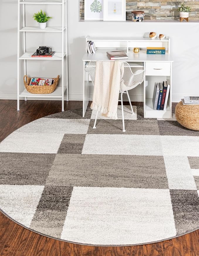 Unique Loom Autumn Collection Modern Contemporary Casual Abstract Area Rug (Gray/ Ivory Tonal, 7 ft 10 x 7 ft 10 Round)
