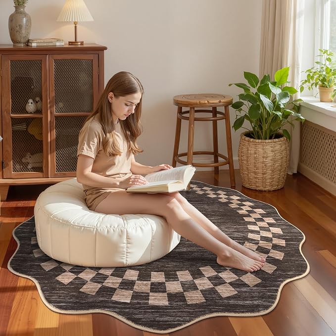 GarveeHome 6ft Washable Round Rug for Entryway Checkered Bedroom Circle Rug | Non Slip Modern Dining Room Round Throw Carpet Large Stain Resistant Border Round Rugs for Living Room Kitchen, Brown