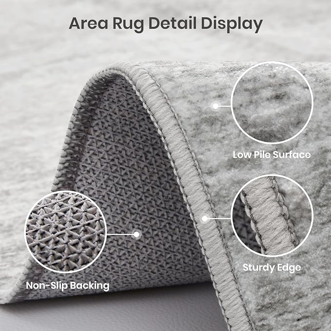 Valenrug 9x12 Area Rug Non Slip, Large Washable Rugs for Living Room Grey | Soft Low Pile, Thin & Lighweight Carpet, Folable Stain Resistant Modern Indoor Floor Mat for Bedroom, Dining Room, Home Decor