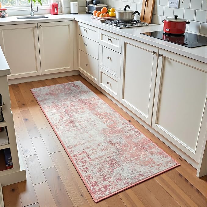Pink Washable Runner Rug for Bedroom, Abstract Non-Slip Soft Entryway Rugs, Modern Low Pile Stain Resistant 2x6 Carpet for Entryway, Kitchen, Hallway, Bedside