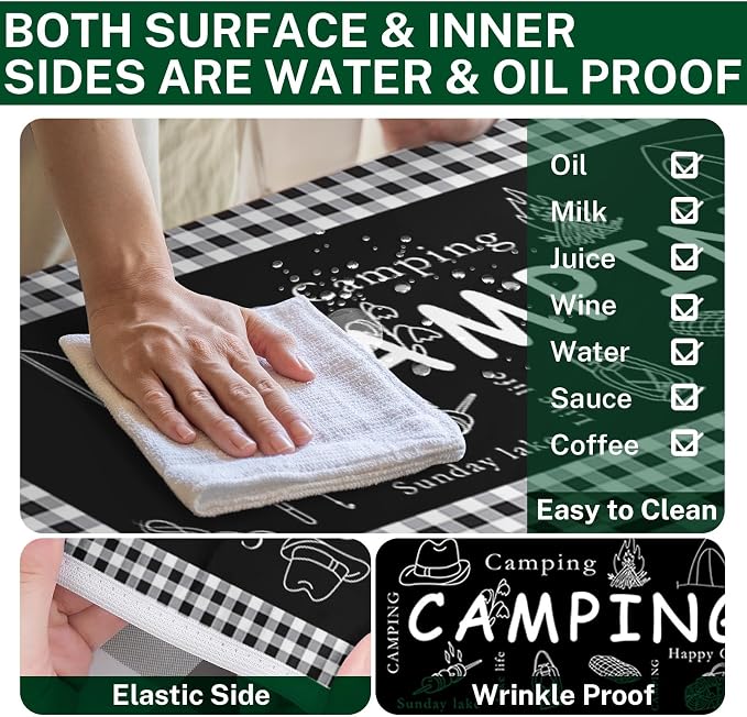Picnic Table Cover with Bench Covers Elastic Edges, Black Camper Fitted Table Cover, Outdoor Patio Camping Essentials 72 Inch 3PCS, Waterproof Camping Fitted Tablecloth with Drawstring Bag