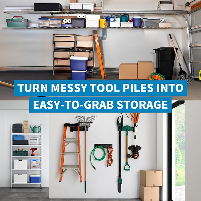 Precision Defined Garage Shovel And Rake Tool Organizer 48" 330lbs Capacity | Wall Mount Garden Tool Organizer, Garage Storage Rack, And Shed Organizer With Adjustable Hooks For Versatile Storage Options