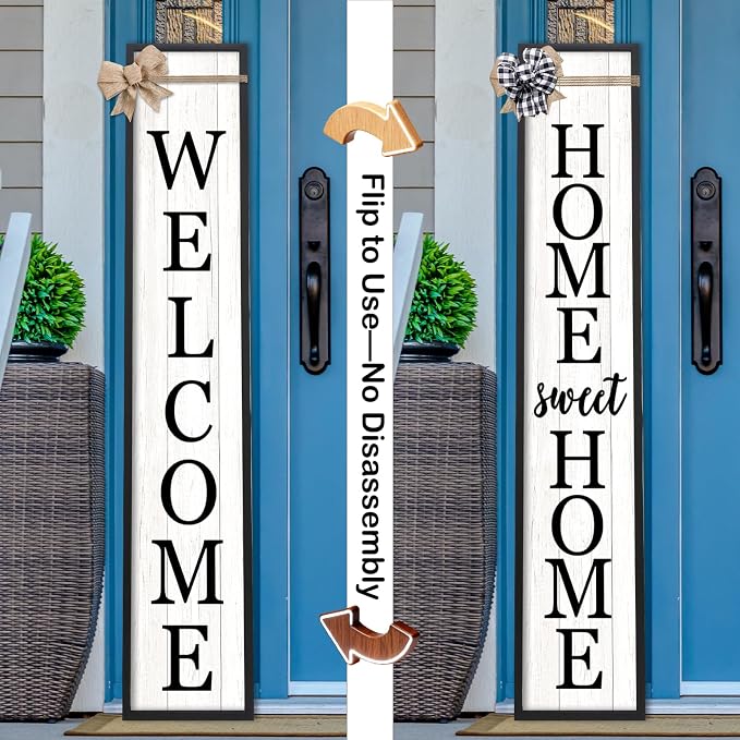 Outdoor 2in1 Welcome Sign for Front Door Home Sweet Home Sign for Farmhouse Tall Outdoor Front Porch Standing 2 Sided 45"X9" Large Vertical Leaner Rustic Outside Decor (Black)
