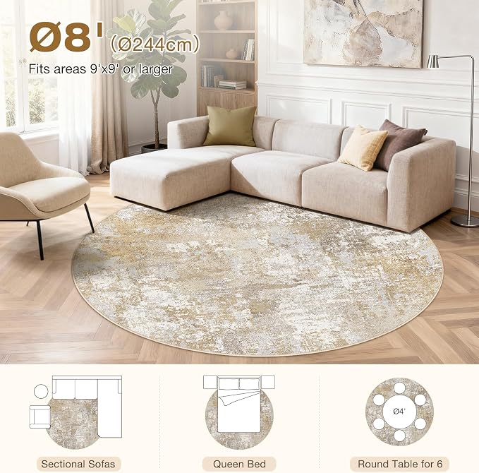 Tortania Washable 8' Round Area Rug for Living Room: Modern Abstract Neutral Large So' Thin Rugs - Non Slip Indoor Carpet for Bedroom Dining Room Office Nursery Home Floor Decoration - Brown Grey