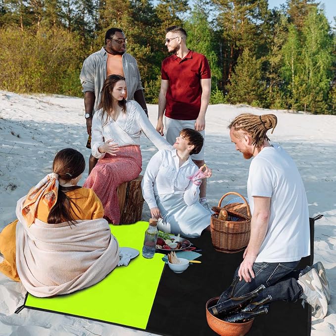 Frelaxy Pocket Picnic Blanket, Waterproof Sandproof Beach Mat, Compact Camping Tarp for Festivals, Hiking, Travel, Outdoor Recreation (Neon Green & Black, 57'' x 71'')