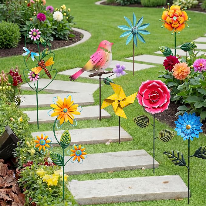 8 Pcs Metal Flower Yard Art for Outside Outdoor 14" 5d Summer Wildflowers Metal Sign Waterproof Garden Stakes Bird Dragonfly Windmill Landscape Decoration for Lawn Yard Garden Patio Porch