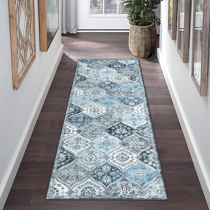 ROYHOME Runner Rug 2x10 Washable Moroccan Trellis Hallway Runner Rug | Stain Resistant Non-Slip Floor Cover Vintage Distressed Entrance Carpet for Laundry Kitchen Entryway Bedroom, Blue/Grey