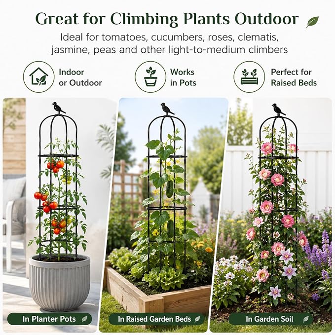 FOLLOOK Garden Obelisk Trellis for Climbing Plants Outdoor, 67 Inch Lightweight Round Plant Support for Roses Clematis Cucumber Vines Raised Garden Bed Planter, Black, 2 Pack
