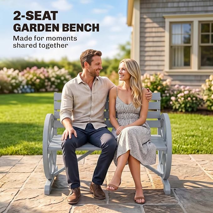 Outsunny 41" Wooden Wagon Wheel Bench, Rustic Outdoor Patio Weather Resistance Furniture, 2-Person Slatted Seat with Backrest, Light Gray