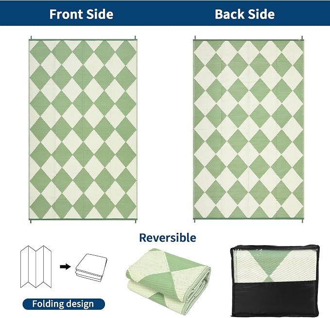 Garvee 9x12 Outdoor Rug for Patio Plastic Straw Rug Waterproof Reversible Mat Lightweight Foldable Carpet Easy Clean Large Rugs for Patio Porch Backyard Camping RV Beach Balcony Deck Checkered Green