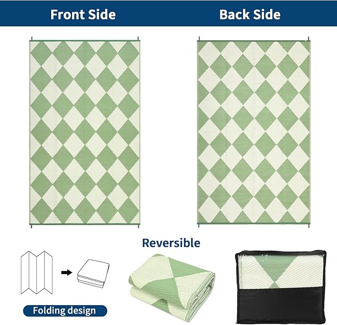 Garvee Outdoor Plastic Straw Rug 10x14 Patio Rug Waterproof Reversible Mat Lightweight Carpet Easy Clean Foldable Large Camping Rugs for Backyard Porch RV Beach Balcony Deck Picnic Checkered Green