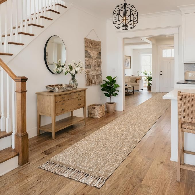 Long Entry Hall Runner Rug, 2.6x14 ft Kitchen Carpet | Washable Boho Bedroom Rug, Tan Modern Farmhouse Braided Woven Cotton Carpets Runners for Bedside, Entry