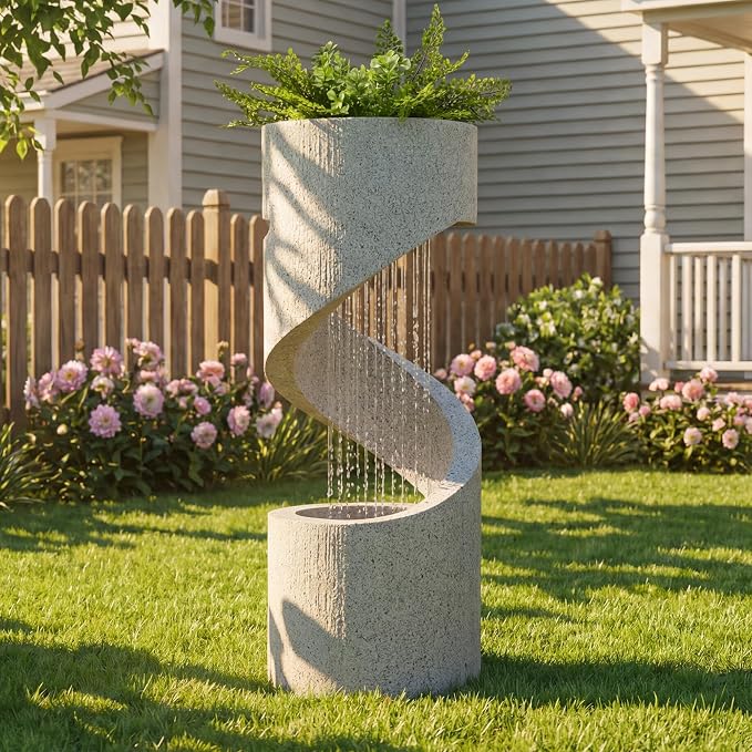 Glitzhome Outdoor Water Fountain with LED Light, Spiral Tiered Water Fountain Outdoor with Stone Planter, Modern Curved Waterfalls Feature Fountains for Garden Patio Porch, 31.3”H