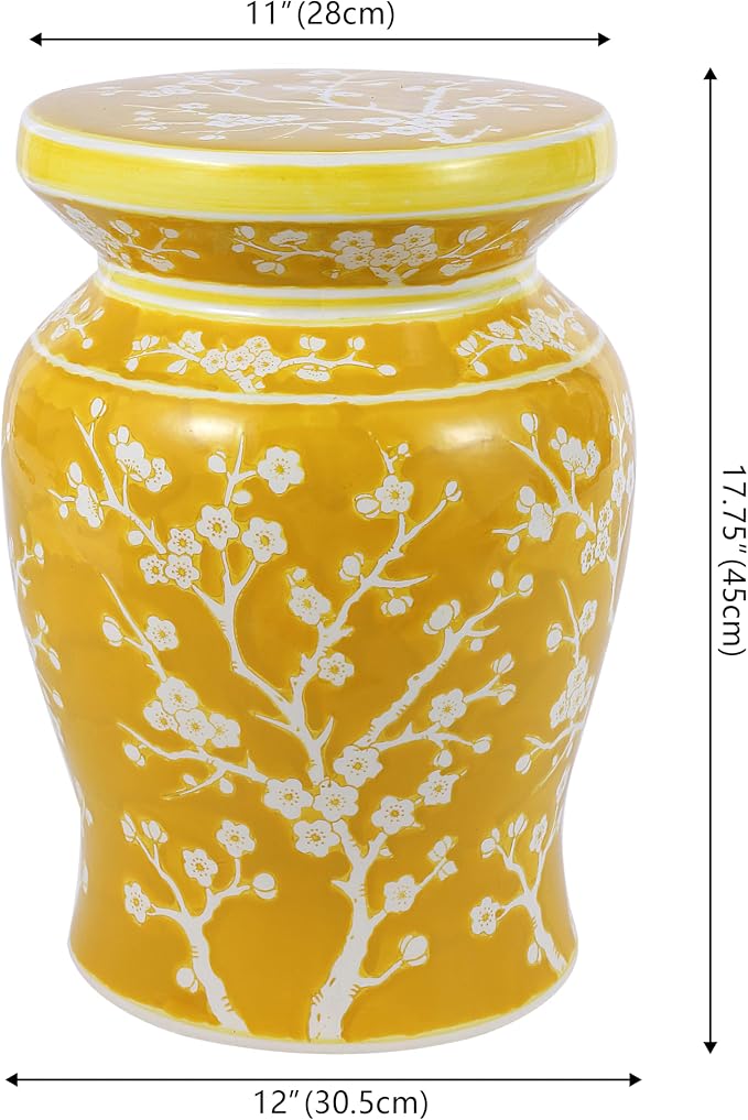 JONATHAN Y Cherry Blossom Ceramic Garden Stool 17.75" Chinoiserie Floral Drum Side Table for Patio and Living Room, Indoor Outdoor Plant Stand, Traditional, Yellow/White TBL1017E