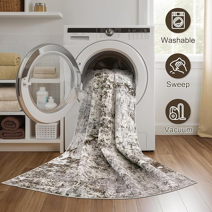 DMOYEST 8x10 Area Rug for Living Room Washable Abstract Indoor Carpet | Neutral Modern Low Pile Rugs Kid & Pet Friendly Large Soft Thin Carpet for Bedroom Dining Room - Dark Brown