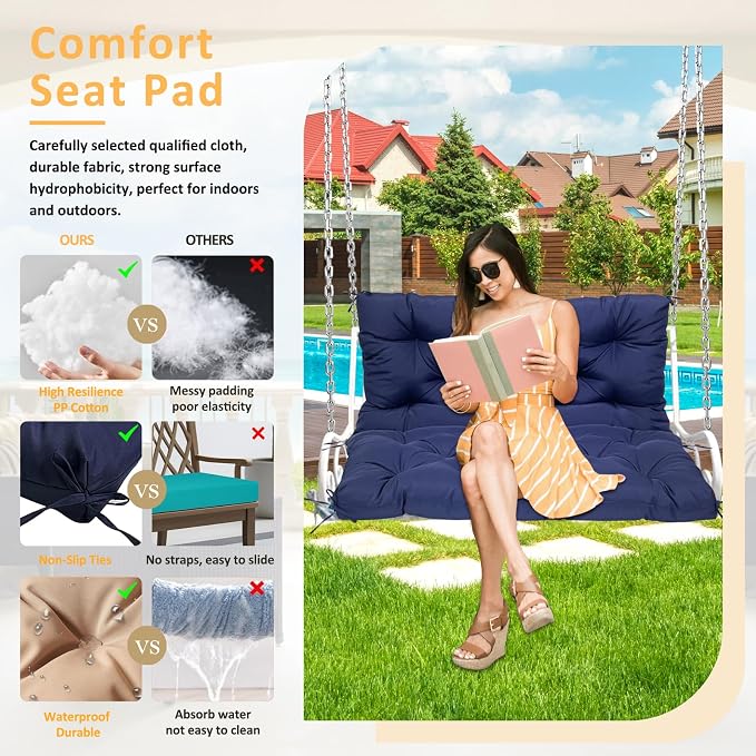 Swing Replacement Cushions for Outdoor: 2-3 Seater Waterproof Porch Bench Cushion with Backrest and Ties - 4" Thick Swing Cushion for Garden Patio Backyard Loveseat