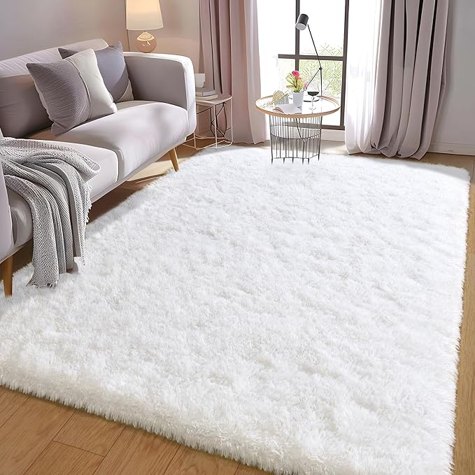 Soft Shag Fluffy Living Room Rug 5x7 White Washable | Upgrade Non-slip, 5 x 7 Shaggy Rugs for Bedroom Nursery, High Pile Fuzzy Plush Carpet Girls Kids Room Dorm, Flame Resistant