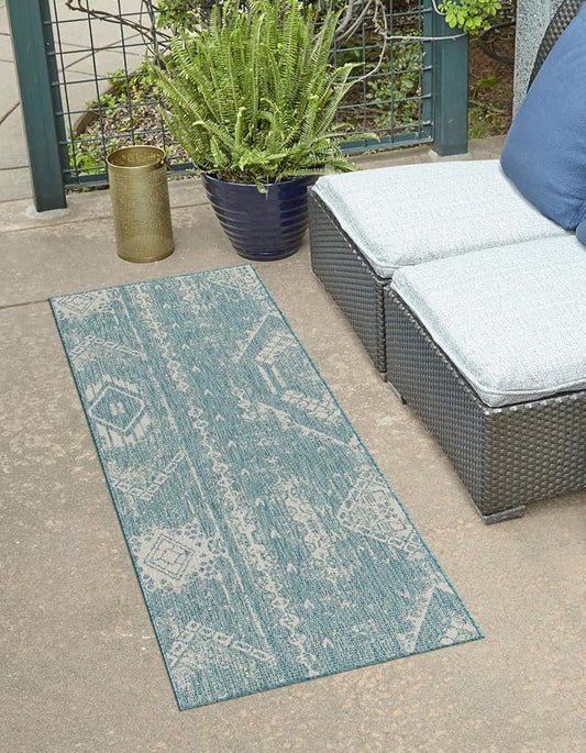 Unique Loom Outdoor Bohemian Collection Area Rug - Anthro (2' 7" x 8' Runner, Light Aqua/ Ivory)