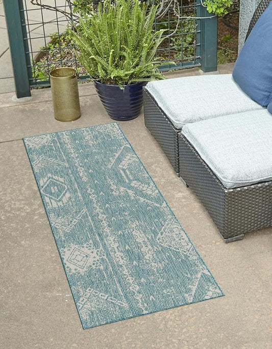 Unique Loom Outdoor Bohemian Collection Area Rug - Anthro (3' 3" x 14' 1" Runner, Light Aqua/ Ivory)