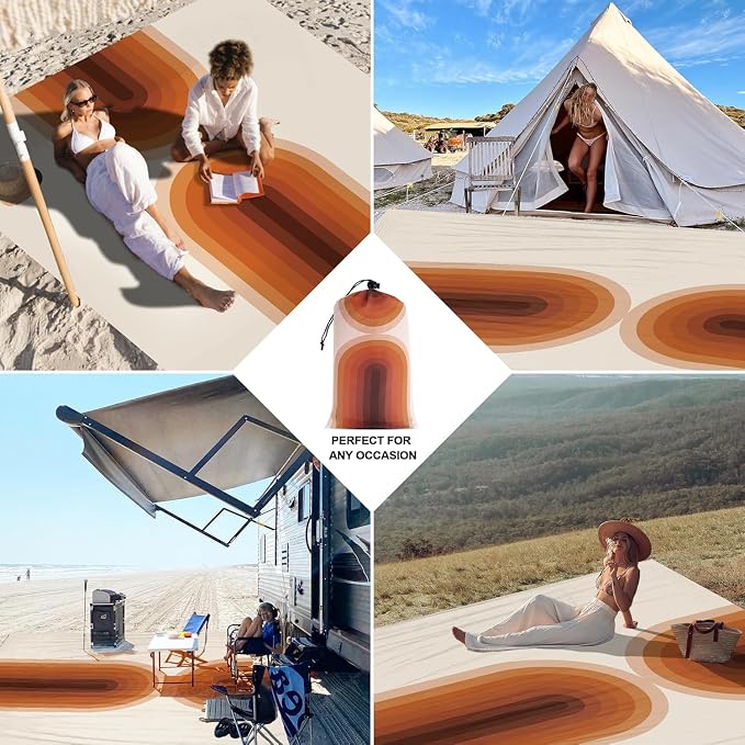Large Waterproof Sandproof Beach Blanket for 4 Adults, Outdoor Beach Mat with 4 Stakes, 210T Polyester Lightweight Foldable Picnic Blanket Accessories Must Haves for Travel, Camping, Hiking