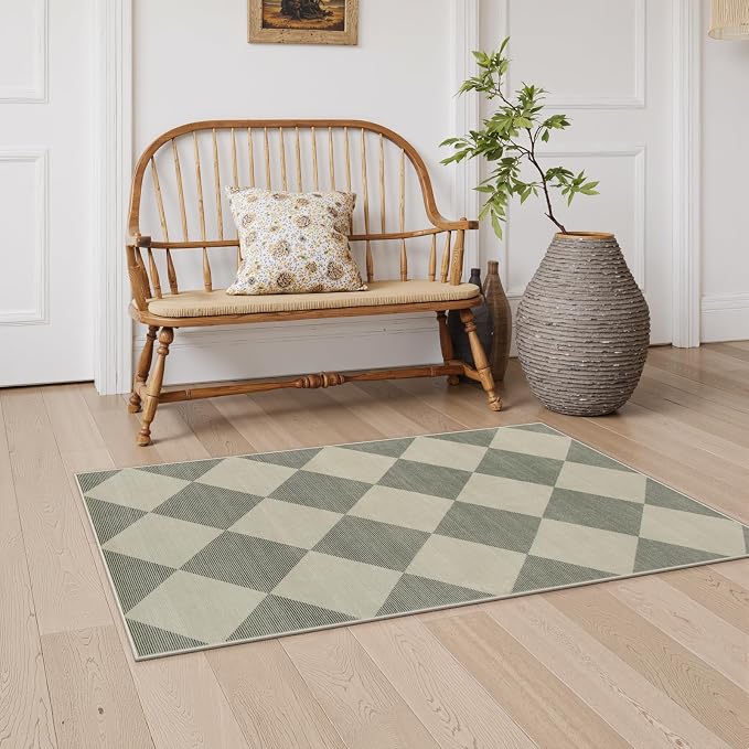 Beeiva Checkered Rug Runners for Hallways Non Slip, 2x4 Washable Runner Rug for Kitchen Ultra Thin Green Entryway Runner, Gingham Diamond Decor Farmhouse Throw Carpet for Bathroom Laundry