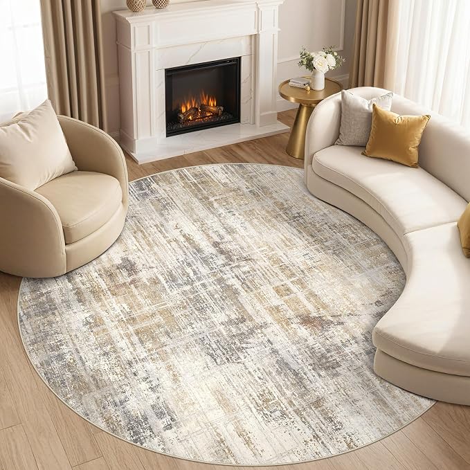 UERMEI 8ft Round Area Rug for Living Room Washable Abstract Golden Brown | Soft Low Pile Non Slip Indoor Carpet Stain Resistant Kid Pet Friendly Circle Rug For Bedroom Dining Room Office Nursery