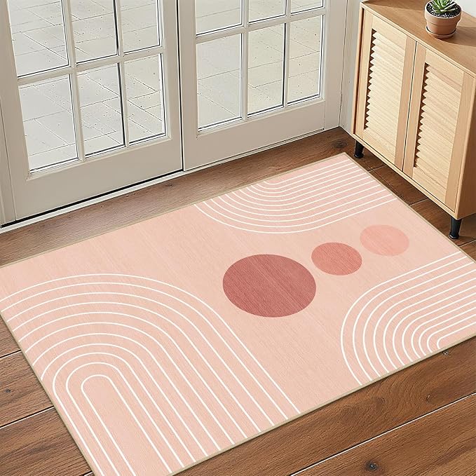 Boho 2x3 Rug for Entryway Modern Geometric Abstract Area Rug Pink Mid Century Modern Machine Washable Door Mat Contemporary Non-Slip Printed Low-Pile Floor Carpet Kitchen Bathroom Laundry Pink