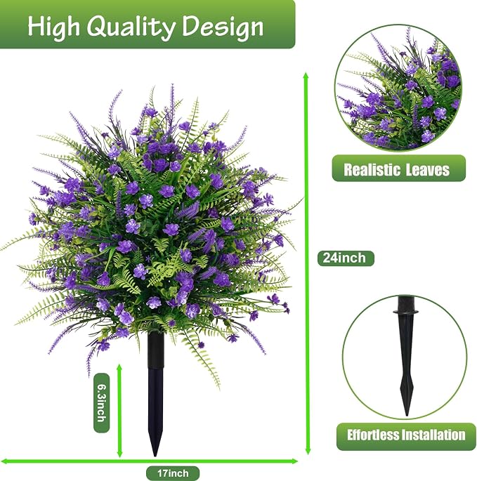 Artificial Boxwood Plants Outdoor with Stake,Set of 2 Artificial Topiary Ball Flowers Faux Shrubs Bushes with Spike, UV Resistant Fake Flowers Ball Tree for Planter Filler Garden Front Porch D17