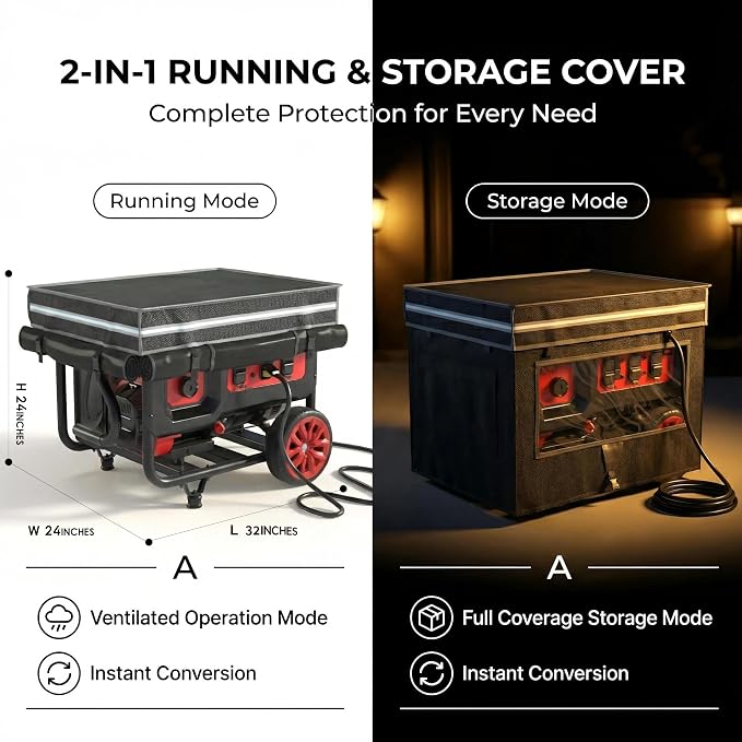 Generator Covers, Generator Covers While Running, 32X24X24 inches, Top Can be Opened, With Tool Bag and Visual Operation Window, Suitable for 3000W-12000W Frame Generator, Black.