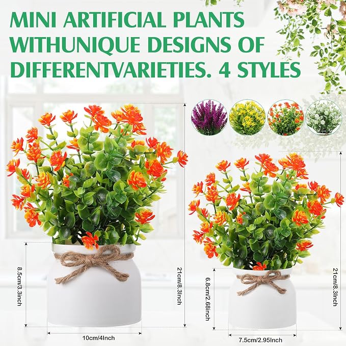 Cindeer 4 Pcs Large Artificial Potted Flowers Fake Potted Plants Plastic Faux Flowers for Home Decor Indoor Artificial Plants in Pots for Wedding Home Desk Tabletop Outdoor Office Kitchen (Vintage)