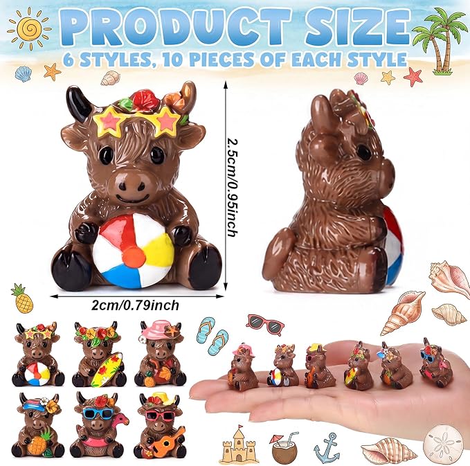 Yaomiao 60 Pcs Mini Highland Cow Figurines Resin Hawaii Highland Cow Figurines Summer Miniature Resin Gift Hawaii Decorations for Beach Hawaiian Party Favor Gift Tiered Tray Decor