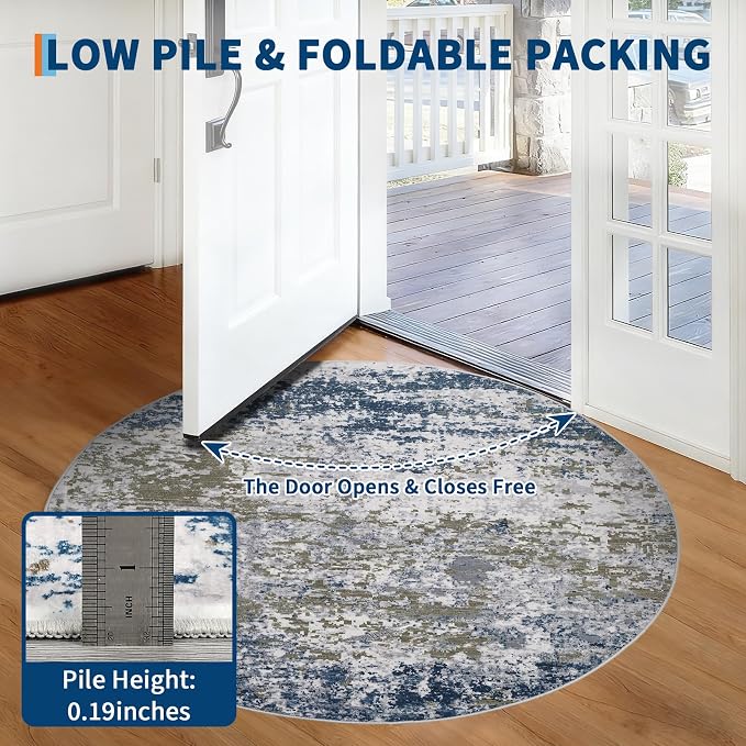 ROYHOME Modern Abstract 8x8 Round Area Rug Non Slip, Navy | Non Shedding Rug Low Pile Stain Resistant for Bedroom Living Room office Dining Room